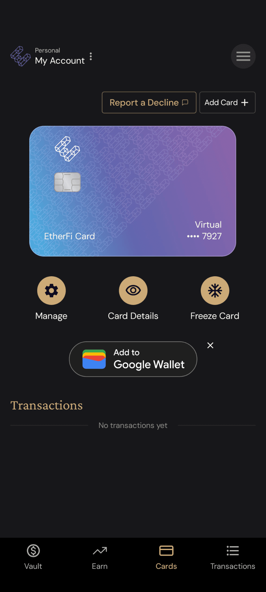 A live ether.fi Cash virtual card issued in my own account