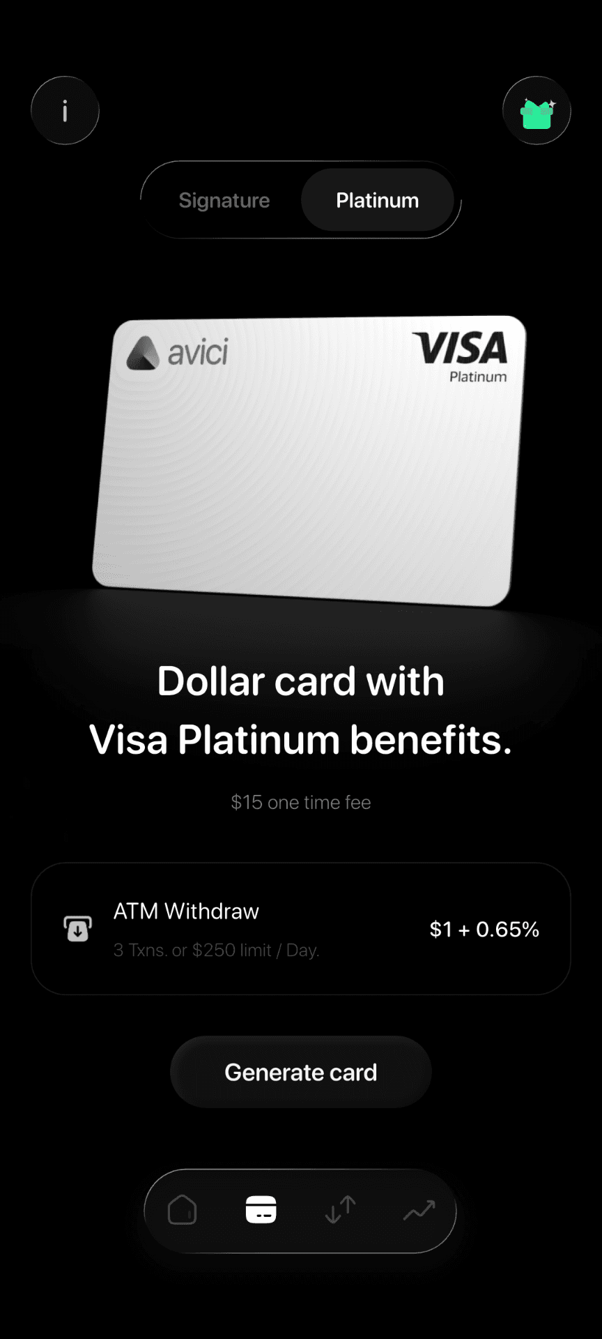the Platinum Virtual card generation screen showing the $15 one-time fee