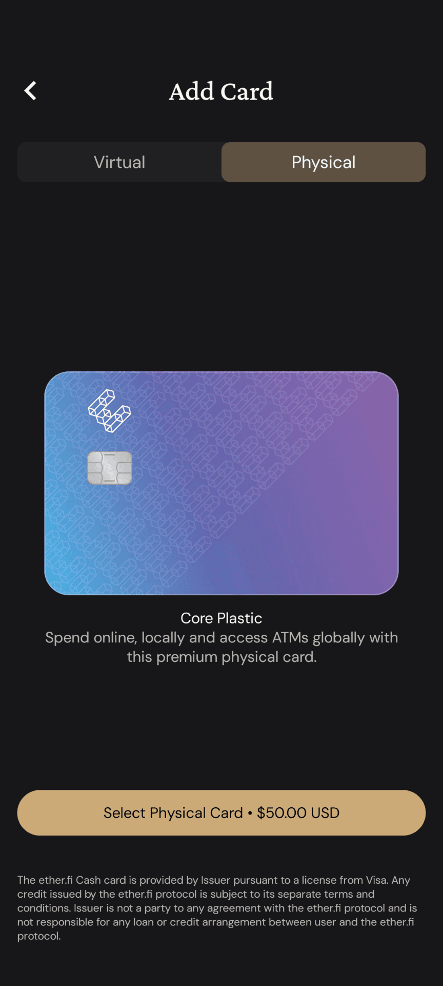 the Add Card screen showing the $50.00 physical card fee