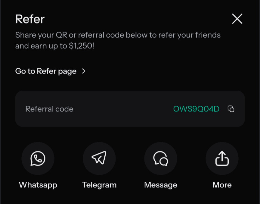 The Refer sheet in my own KAST app showing referral code OWS9Q04D and the earn-up-to-$1,250 headline