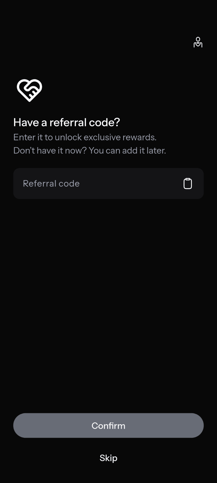 KAST's full-screen referral code prompt during signup