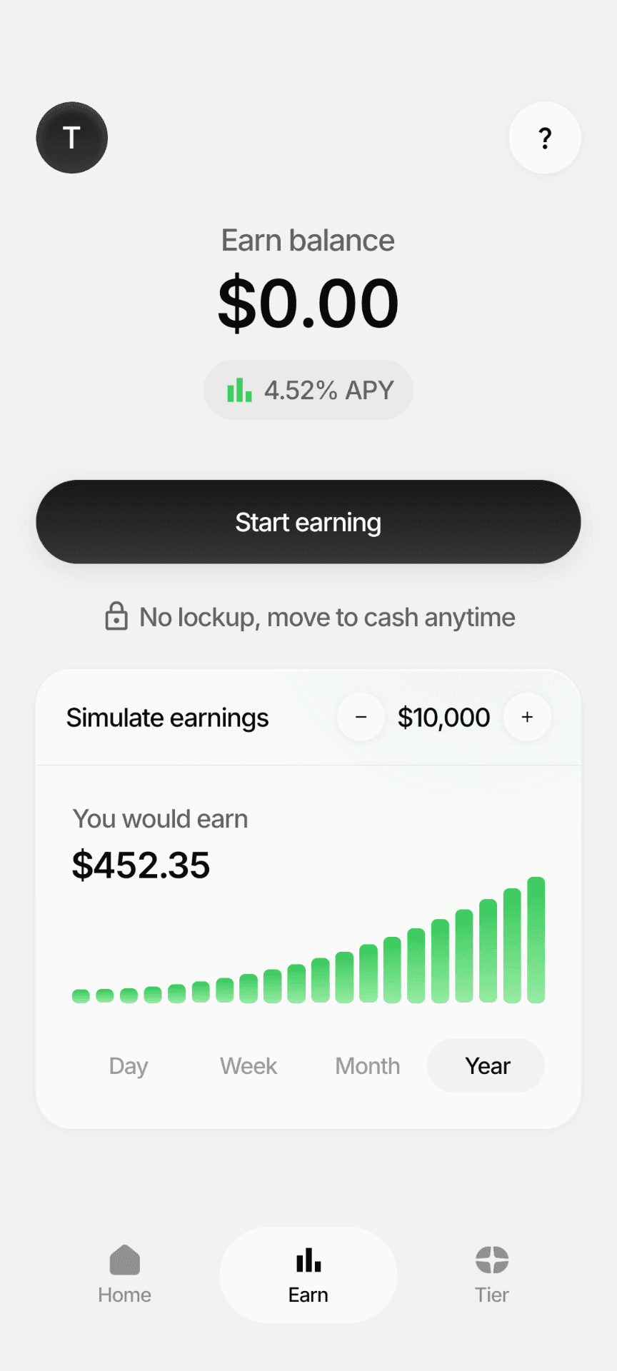 Plasma One Earn tab showing 4.52% APY with no lockup
