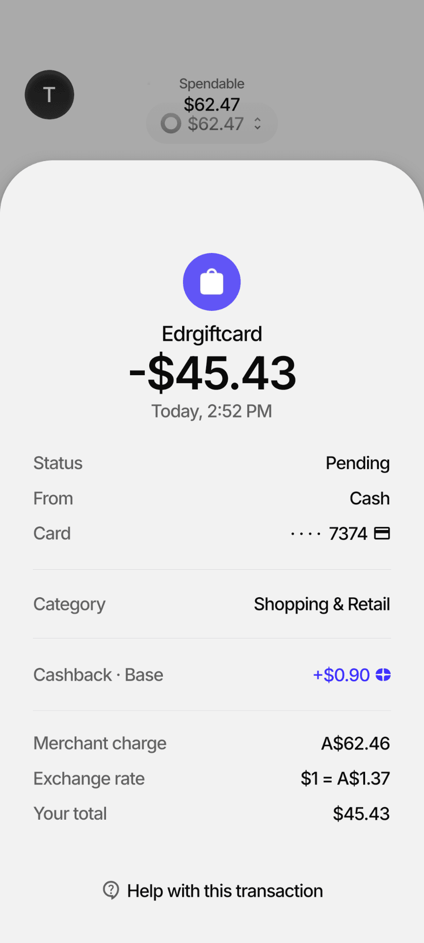 Plasma One transaction detail showing merchant charge, exchange rate and cashback