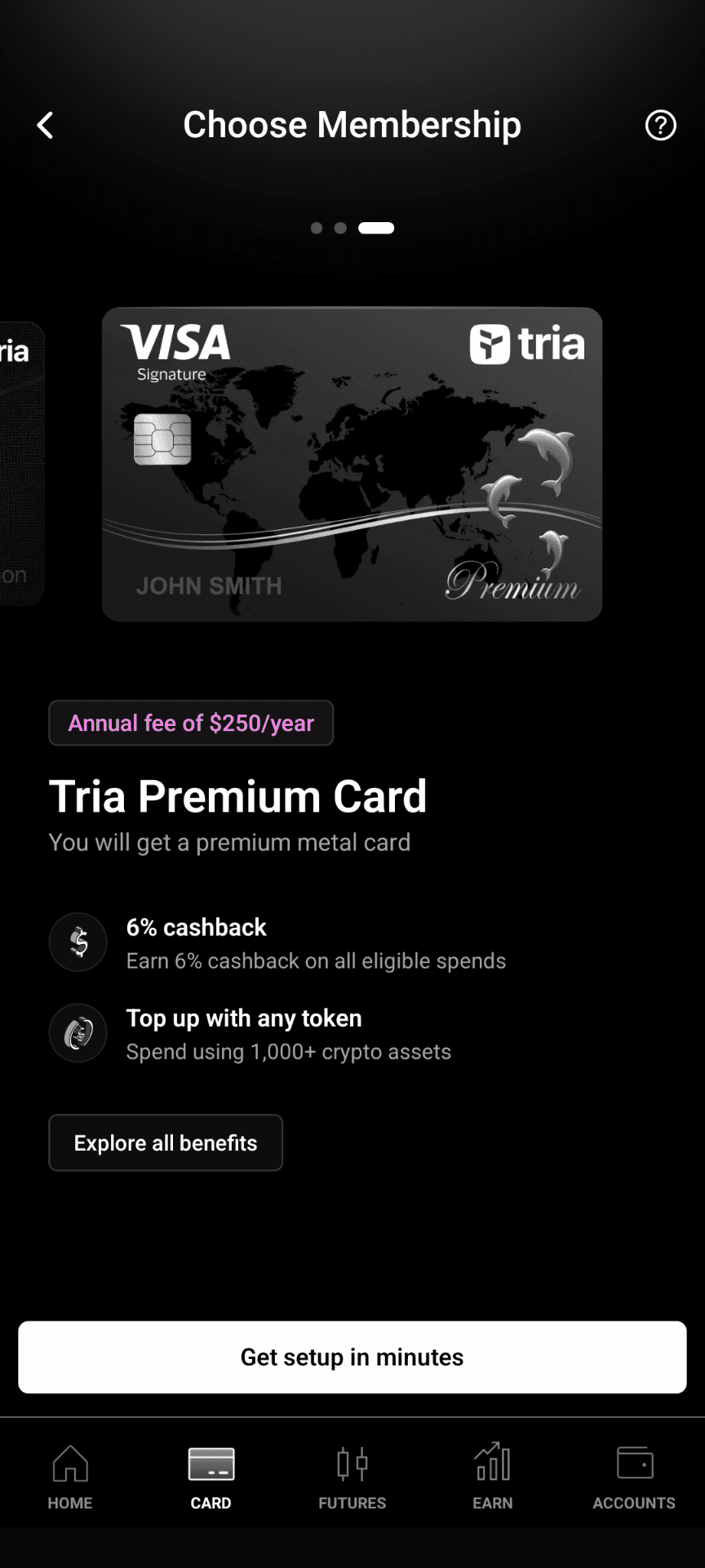 the Tria Premium Card membership screen showing the $250/year fee and 6% cashback