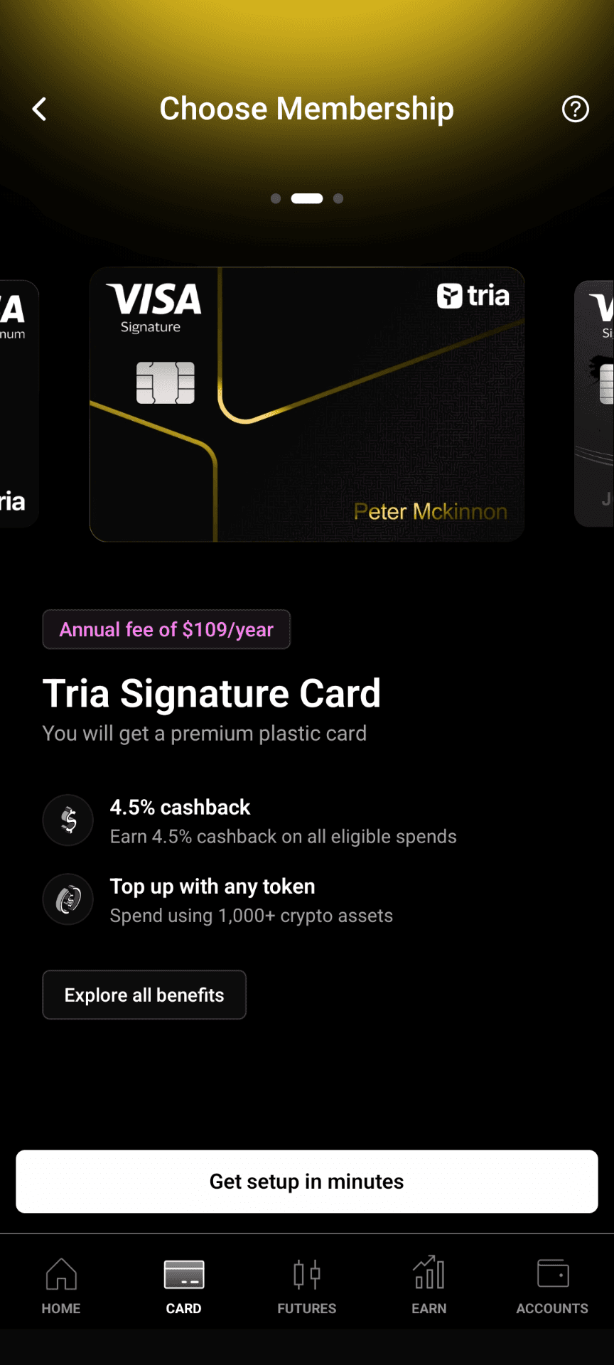 Tria's Choose Membership screen showing the Signature tier's $109/year annual fee and 4.5% cashback